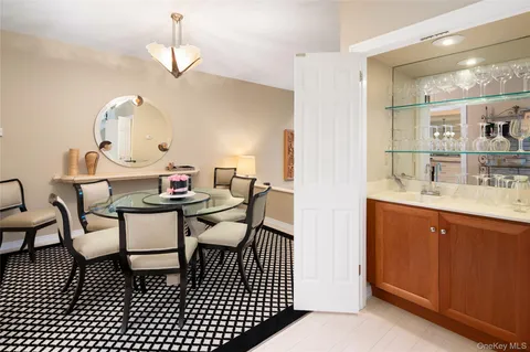 a view of a dining room with furniture