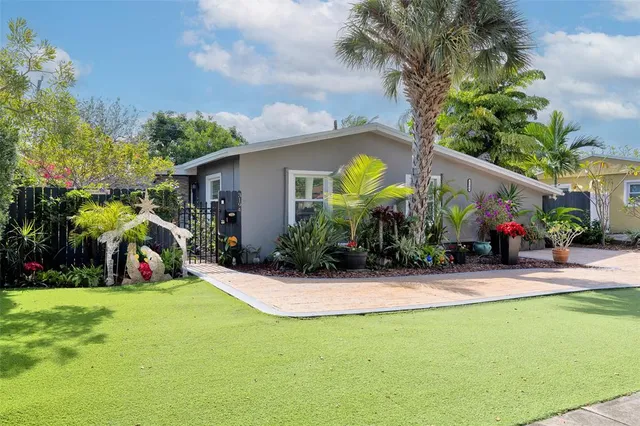 a view of a backyard with plants and a small yard