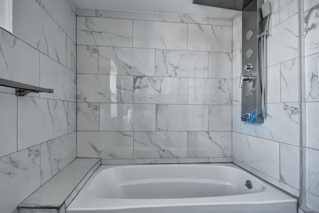 a bathroom with a bath tub and shower