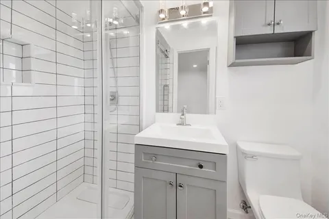 a bathroom with a sink toilet vanity and shower