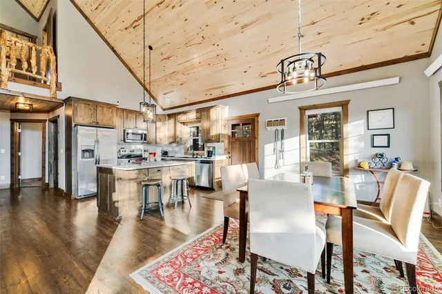a living room with lots of furniture and kitchen view