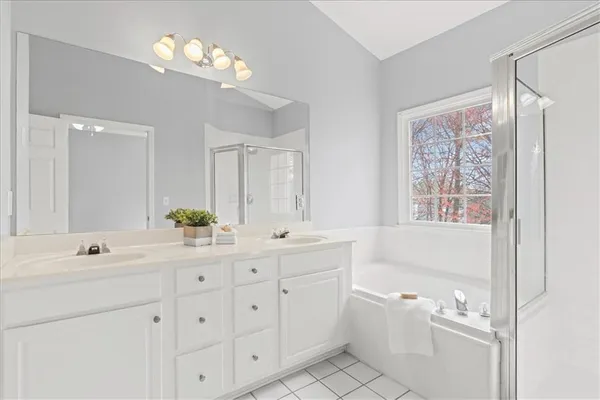 a bathroom with a double vanity sink a mirror a bathtub and a vanity