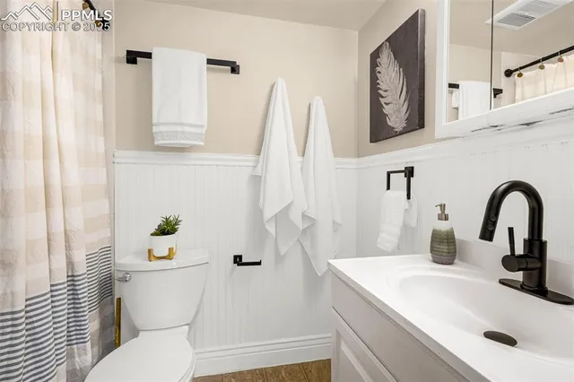 a bathroom with a sink a toilet and a shower curtain