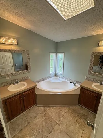 a bathroom with a tub sink and mirror