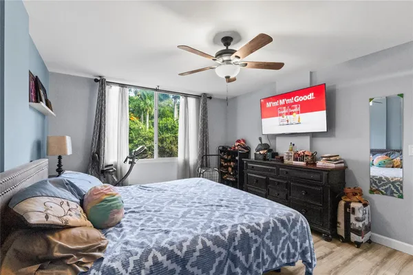 a bedroom with a bed and a flat screen tv