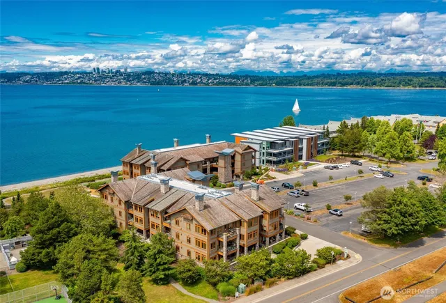 a view of a city with furniture