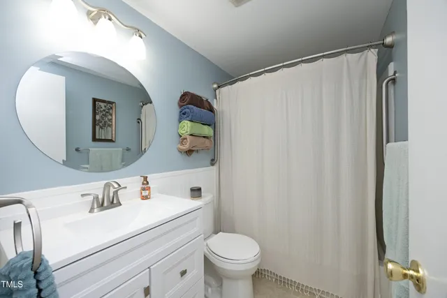 a bathroom with a sink mirror and toilet