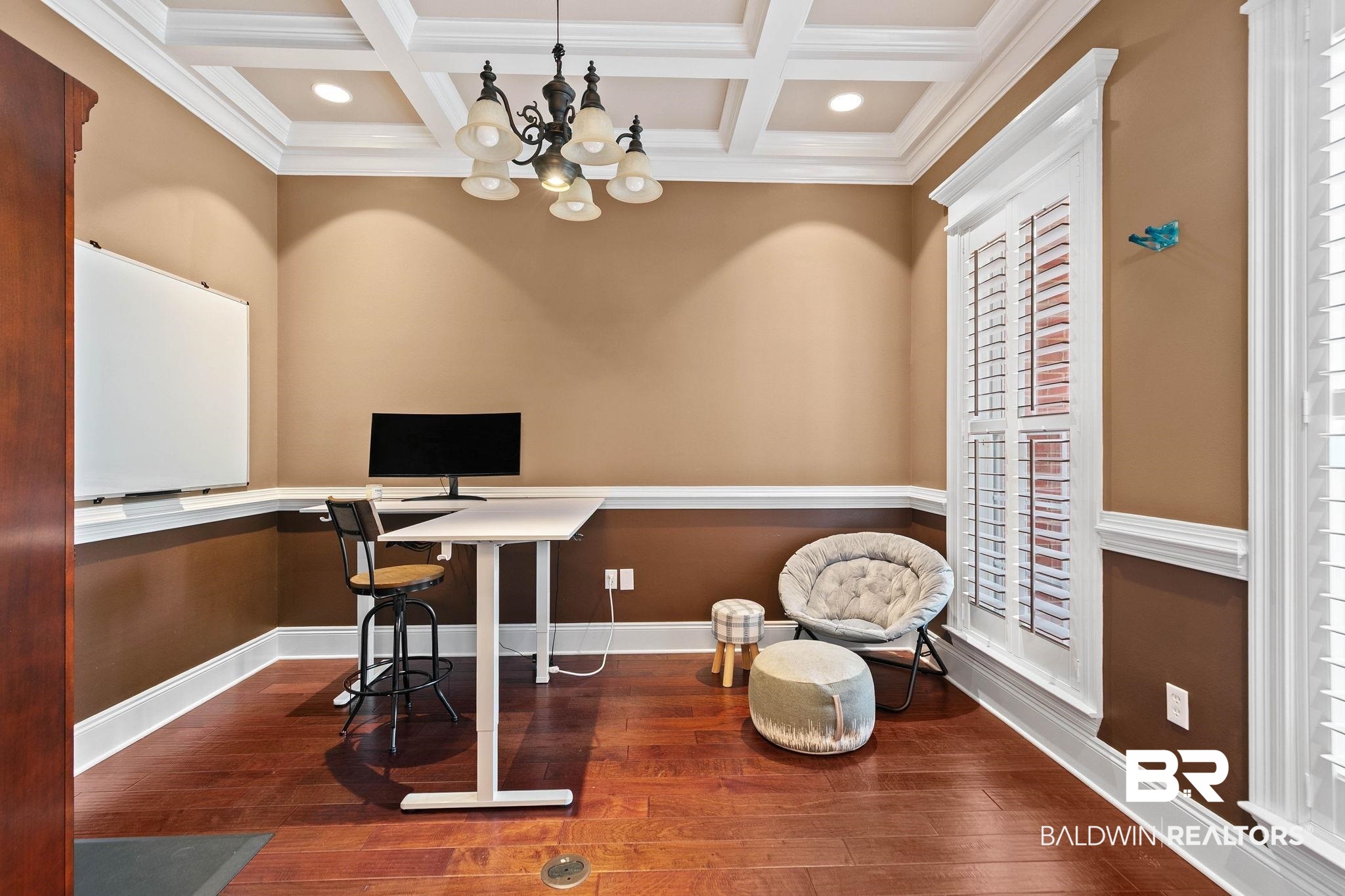 3668 Claridge Road North Mobile, AL 36608 - Photo 33 of 100 Office featuring coffered ceiling, a chandelier, crown molding, dark wood-style floors, and built in desk