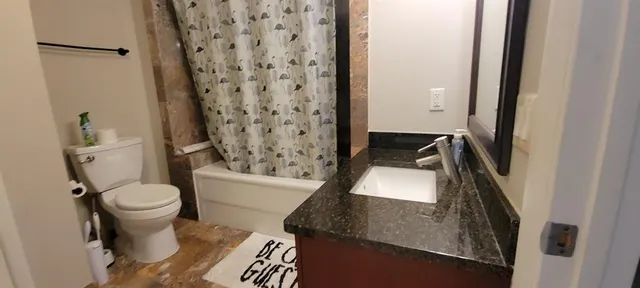 a bathroom with a toilet and a shower curtain