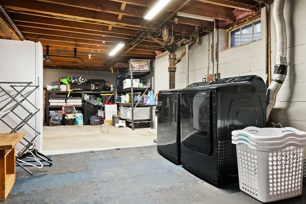 a view of a garage with storage