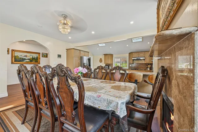 a view of a dining room with furniture