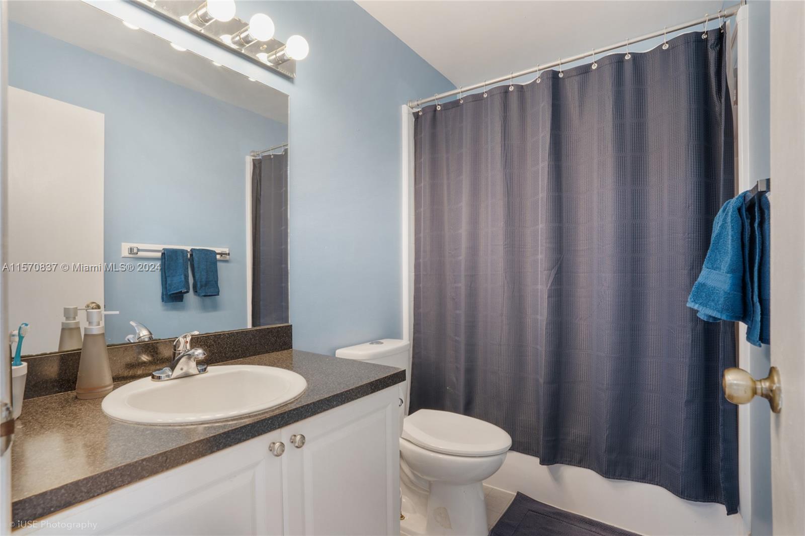 15440 Gauntlet Hall Manor Davie, FL 33331 - Photo 14 of 18 a bathroom with a sink a toilet a mirror and shower curtain