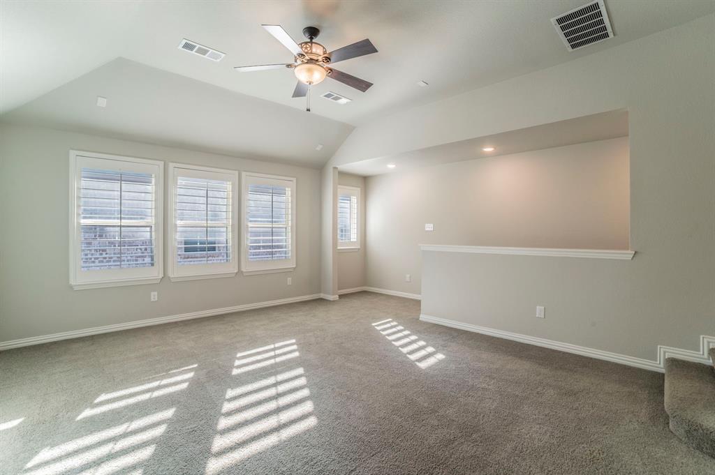 3503 Jersey Road Melissa, TX 75454 - Photo 32 of 40 Unfurnished room featuring lofted ceiling, carpet flooring, a ceiling fan, and recessed lighting