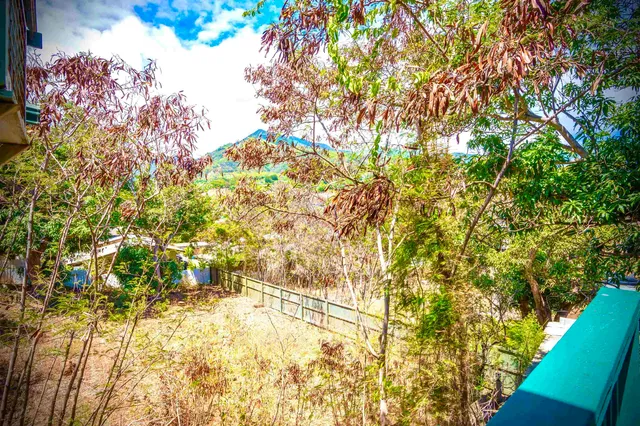 a backyard of a house with lots of green space and a fountain