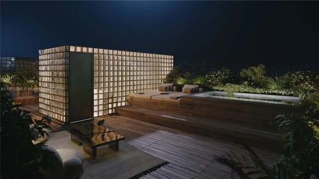 a backyard of a house with wooden floor