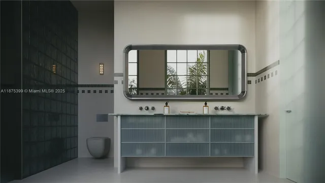 a bathroom with a sink a mirror and a window