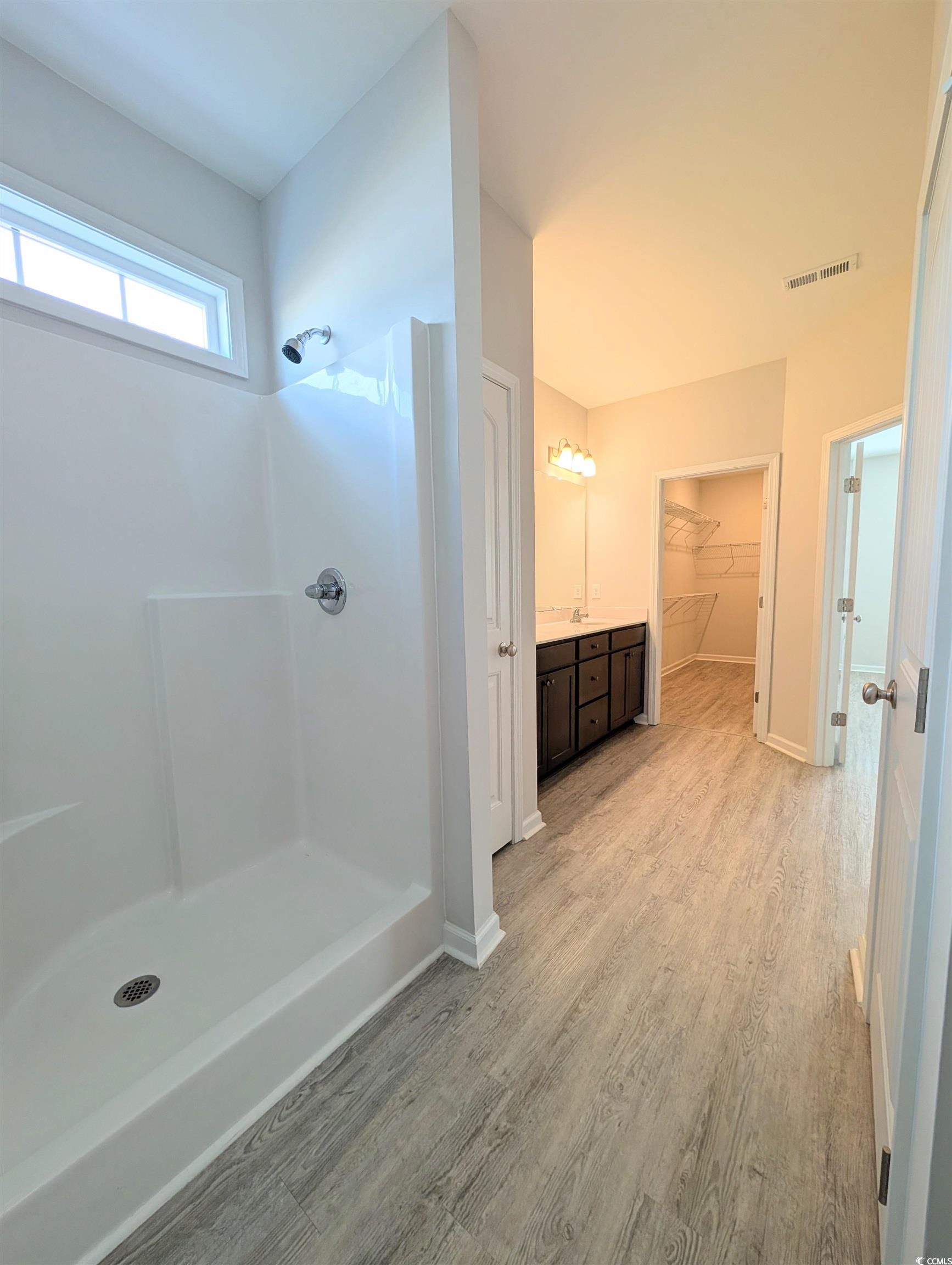 351 Lakota Loop Longs, SC 29568 - Photo 12 of 31 Bathroom featuring vanity, a walk in closet, light wood-style floors, and a shower