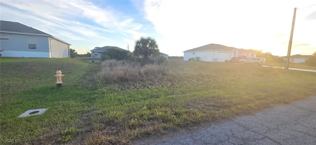a view of a dry yard with mountains in the background