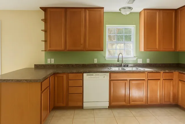 a kitchen with stainless steel appliances granite countertop wooden cabinets a sink and a large window