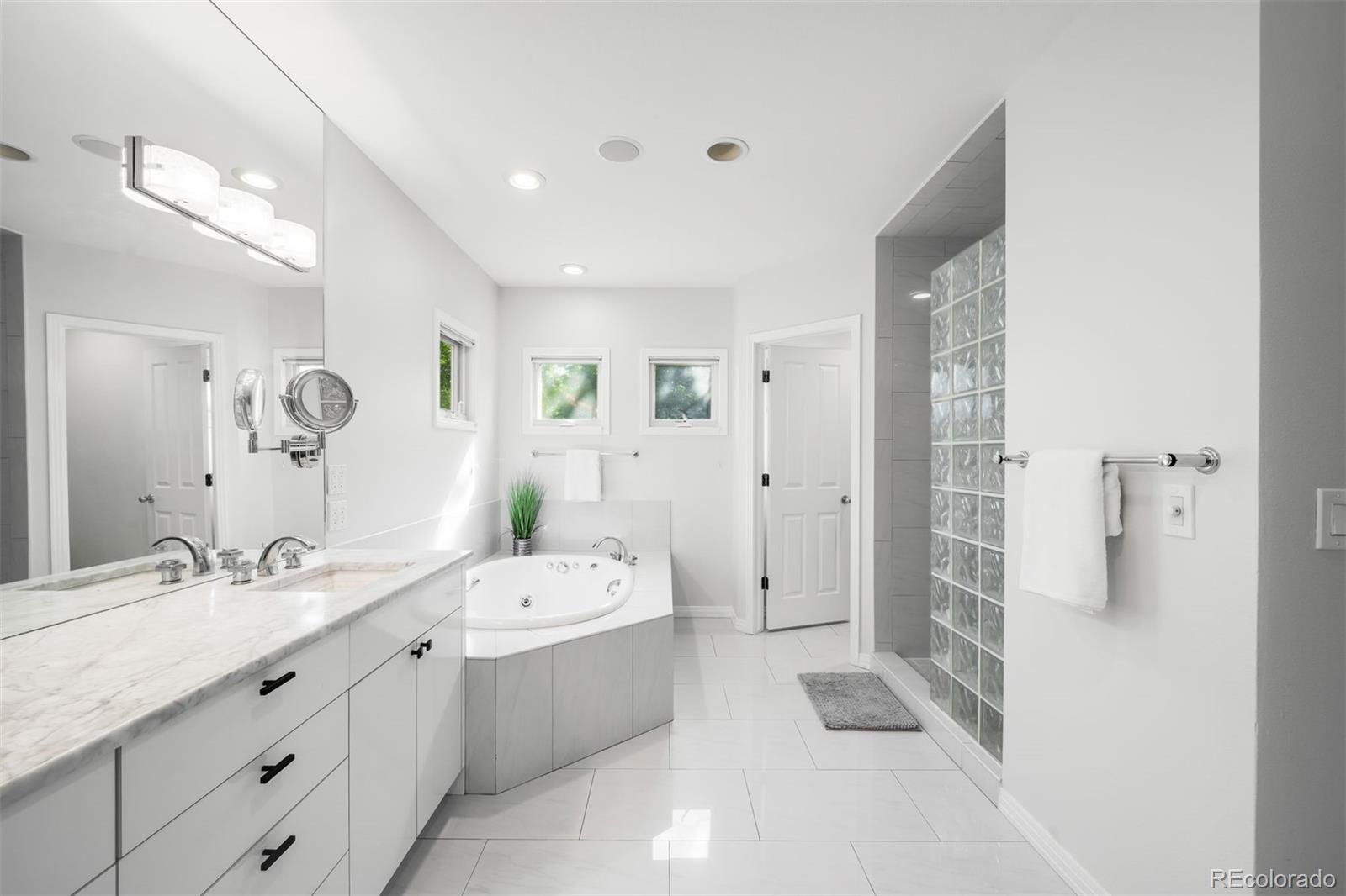 361 Detroit Street Denver, CO 80206 - Photo 33 of 46 a bathroom with a double vanity sink mirror double shower and bathtub