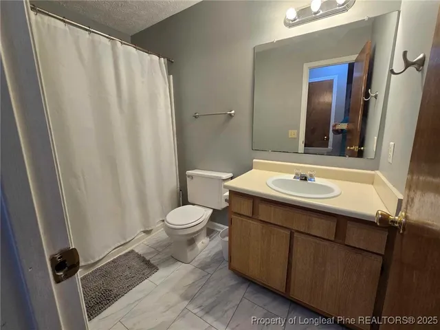 a bathroom with a sink a toilet a mirror and shower curtain
