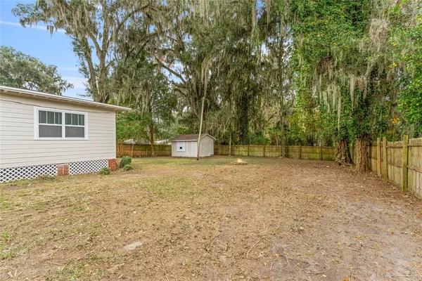 a backyard of a house with a large tree