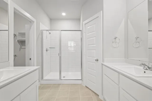 a bathroom with a shower sink and mirror