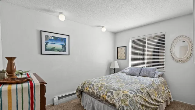 a bedroom with a bed a dresser and a large mirror next to a window