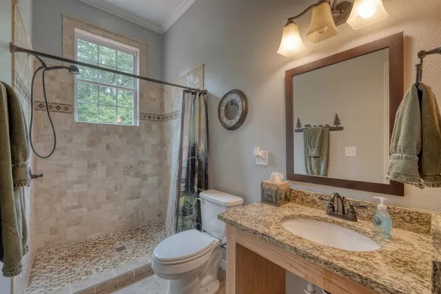 a bathroom with a granite countertop sink toilet and shower