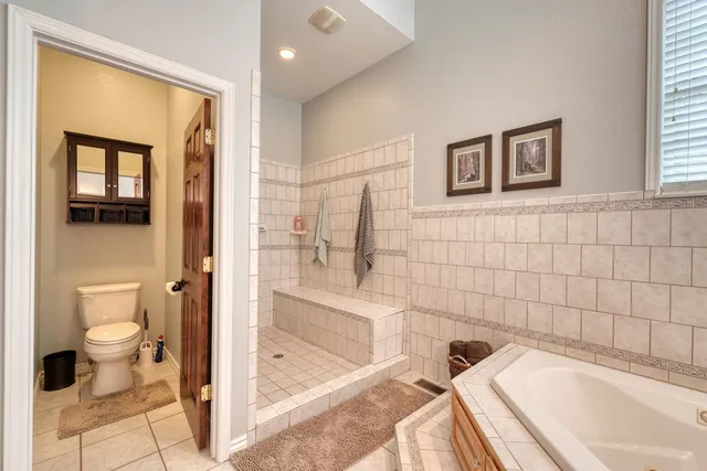 a bathroom with a bathtub and a toilet