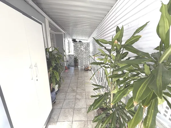 a hallway with a couch and a potted plant