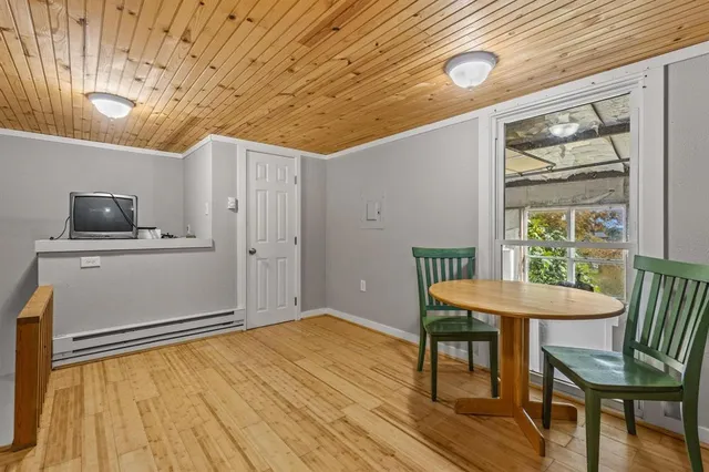 a view of a yard with plants and trees