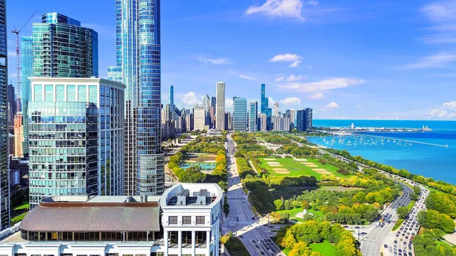 a view of a city with tall buildings