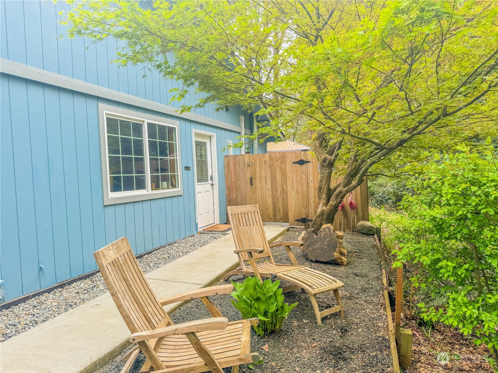 a view of backyard with outdoor seating and plants