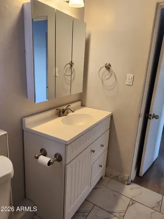 a bathroom with a sink a toilet and mirror