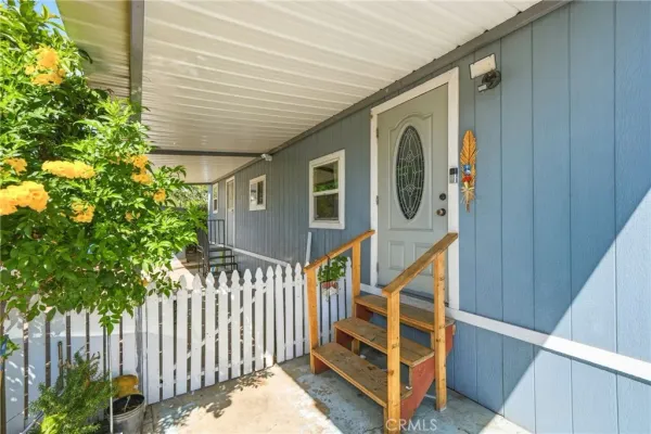 a porch with seating space