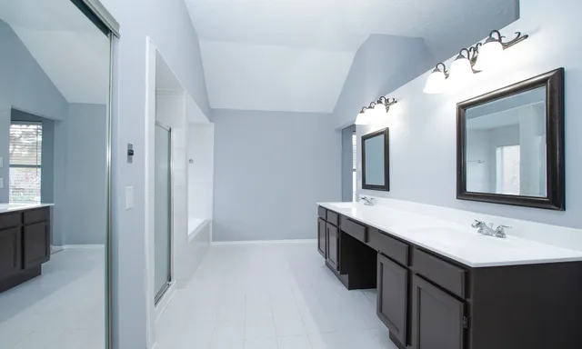 a bathroom with a double vanity sink and mirror