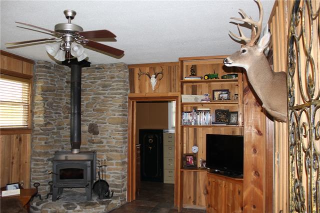 Den with fireplace & bookcases.