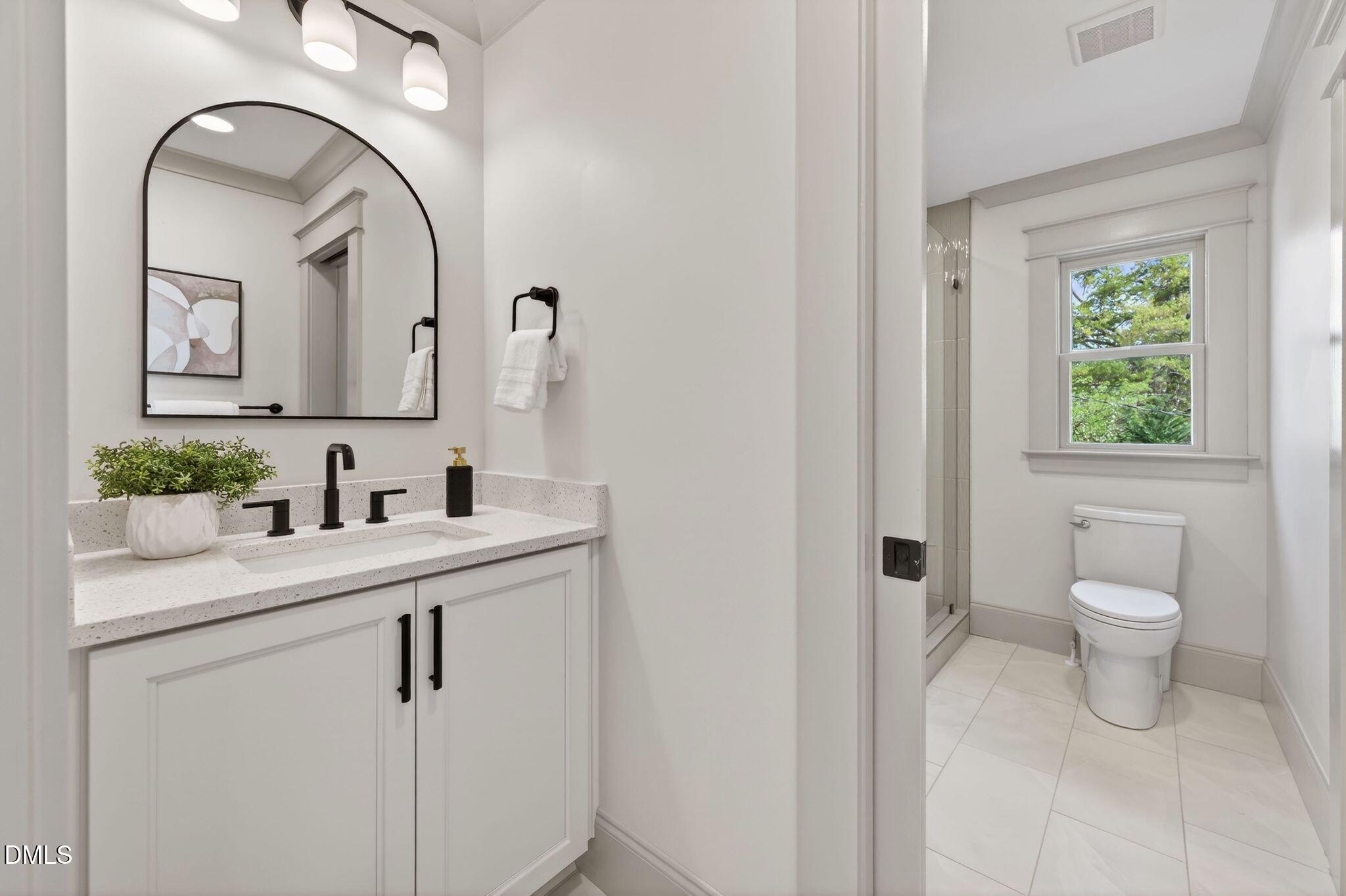 504 Tilden Street Raleigh, NC 27605 - Photo 44 of 58 a bathroom with a granite countertop sink a toilet and a mirror