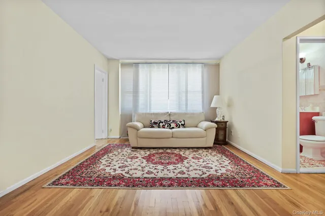 a living room with a couch and a rug