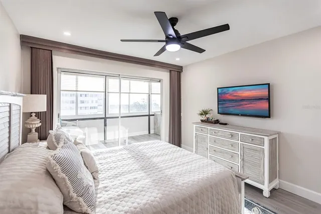 a bedroom with a large bed and a flat screen tv