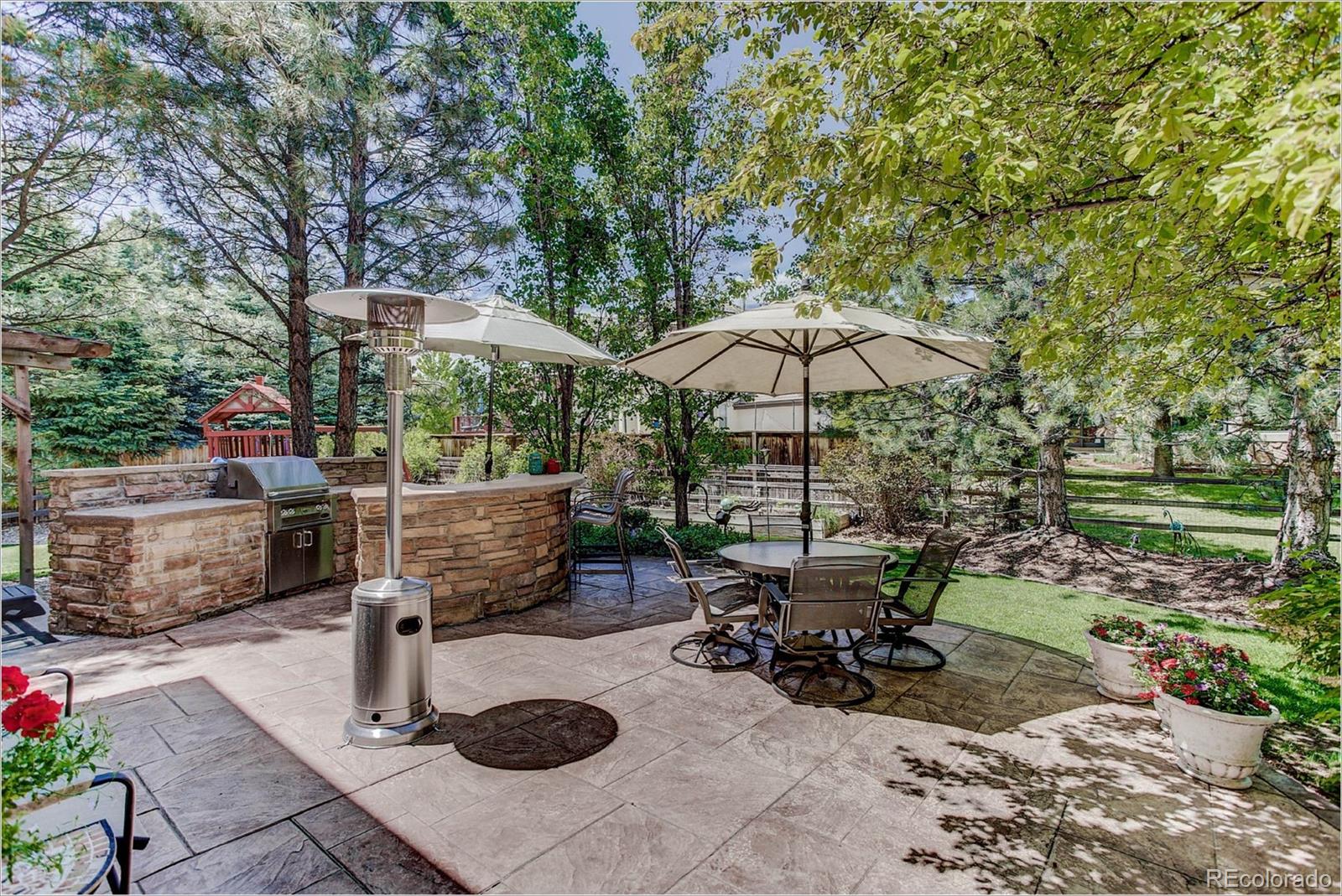 9425 South Shadow Hill Circle Lone Tree, CO 80124 - Photo 32 of 35 a view of a patio with chairs and a table under an umbrella