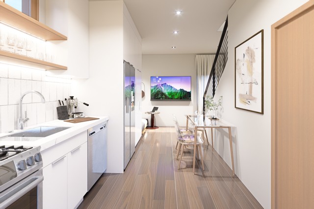 605 East 55th Street, Unit 6 Austin, TX 78751 - Photo 6 of 12 Stylish kitchen and dining area featuring sleek cabinetry, modern appliances, and an open layout with warm natural light.