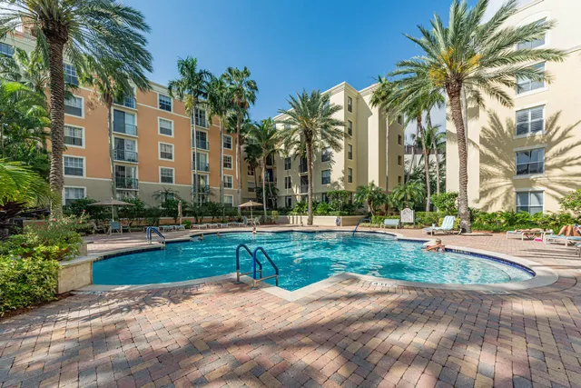 a view of a swimming pool with palm trees