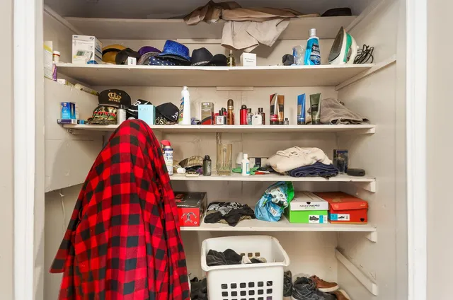 a room with a book shelf