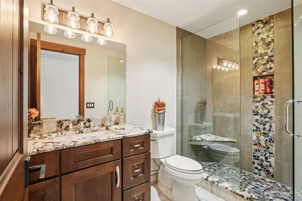 a bathroom with a sink a toilet a mirror a vanity and shower