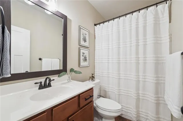 a bathroom with a sink a toilet and shower curtain