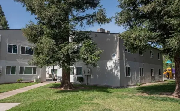a front view of a house with a garden and tree
