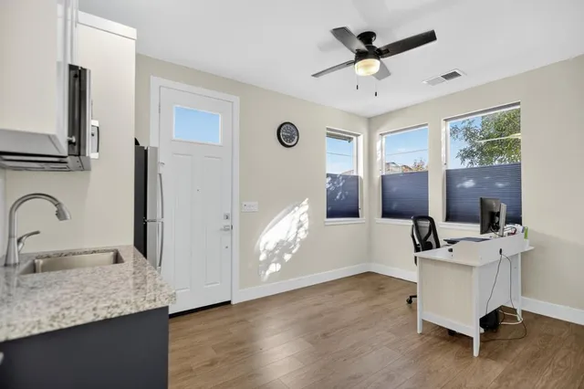 a view of a room with racks on the wall