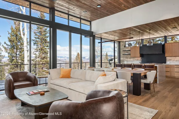 a living room with furniture and a floor to ceiling window